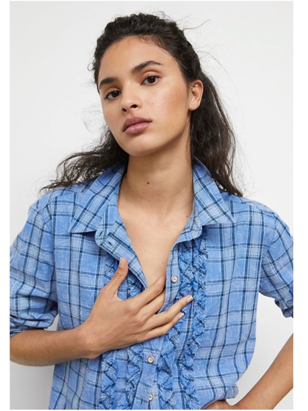 Anthropologie Pilcro Tartan Plaid Ruffle Button Down Shirt Western Blue Small